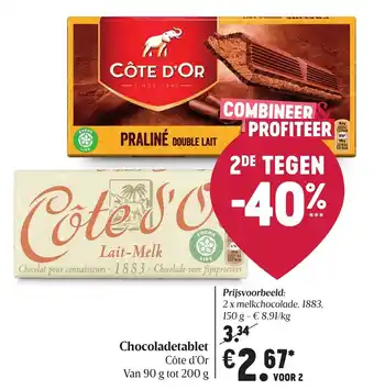 Delhaize Cote D'or chocoladetablet 2*90-200g aanbieding