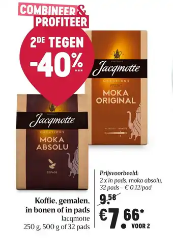Delhaize Jacqmotte Koffie, gemalen, bonen of pads 2*250g/500g/32st aanbieding