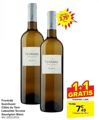 Carrefour Frankrijk Sud-Ouest Côtes du Tarn Labastide Terrane Sauvignon Blanc aanbieding