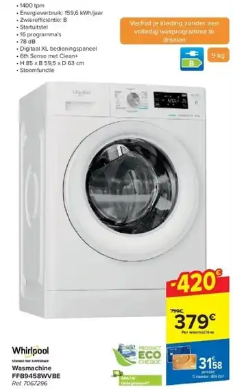 Carrefour Wasmachine FFB9458WVBE aanbieding