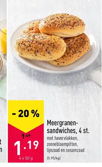ALDI Meergranensandwiches, 4 st. 4 x 50g aanbieding