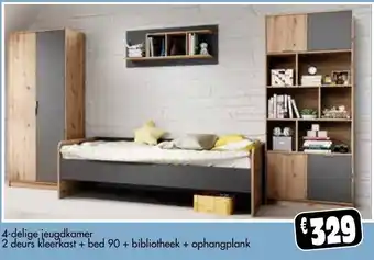 4-delige jeugdkamer 2 deurs kleerkast + bed 90 + bibliotheek + ophangplank
