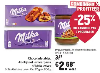 Delhaize Chocoladetablet koekjes of smeerpasta of Melo-cakes 87g aanbieding