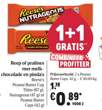Delhaize Reep of pralines met melk-chocolade en pinda's aanbieding