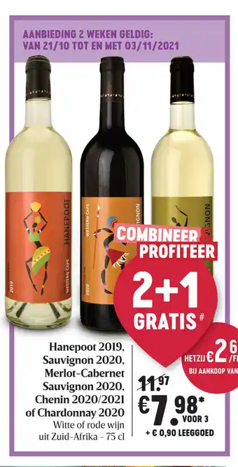 Hanepoot 2019, Sauvignon 2020, Merlot-Cabernot Sauvignon 2020, Chenion 2020/2021 of Chardonnay 2020 75cl