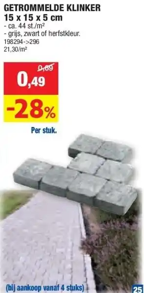 Hubo GETROMMELDE KLINKER 15 x 15 x 5 cm aanbieding