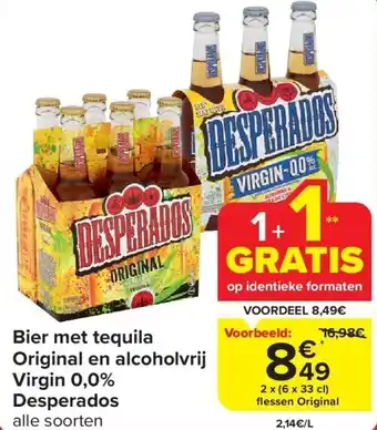 Carrefour Bier met tequila Original en alcoholvrij Virgin 0,0% Desperados aanbieding