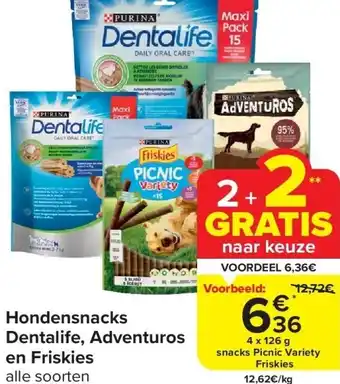 Carrefour Hondensnacks Dentalife, Adventuros en Friskies aanbieding