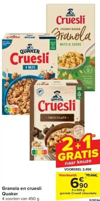 Carrefour Quaker Granola en cruesli 3 x 450g aanbieding