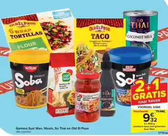 Carrefour Gamma Suzi Wan, Nissin, So Thai en Old El Paso alle soorten 3 x 400g aanbieding