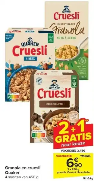 Carrefour Granola en cruesli Quaker aanbieding