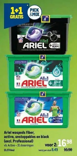 Makro Ariel waspods fiber, active, unstoppables en black active aanbieding