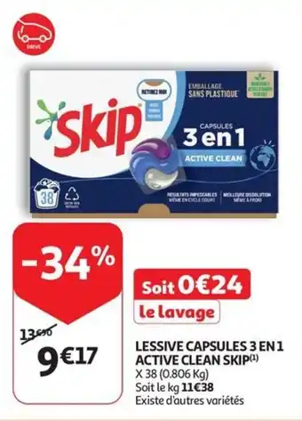 Auchan LESSIVE CAPSULES 3 EN 1 ACTIVE CLEAN SKIP aanbieding