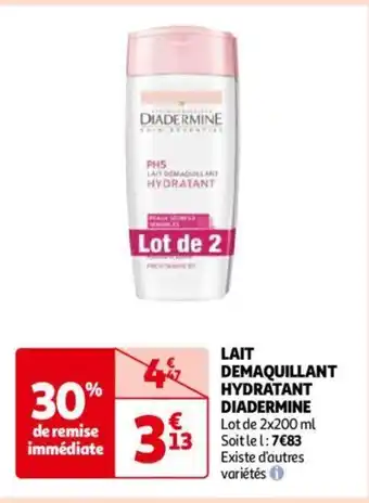 Auchan DIADERMINE LAIT DEMAQUILLANT HYDRATANT 2 X 200ML aanbieding