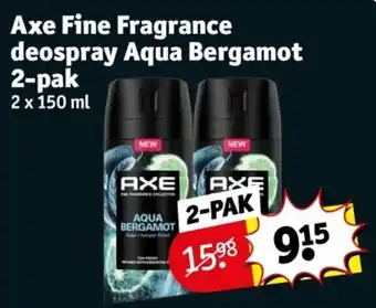 Kruidvat Axe Fine Fragrance deospray Aqua Bergamot 2 x 150mL aanbieding