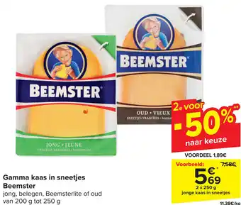 Carrefour Gamma kaas in sneetjes Beemster  2 x 250g aanbieding