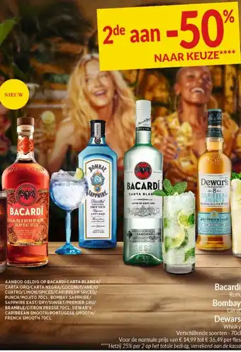 Intermarché Bacardi Rum, Bombay Gin of Dewars Whisky 70 cl aanbieding