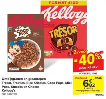 Carrefour Ontbijtgranen en graanrepen Trésor, Frosties, Rice Krispies, Coco Pops, Miel Pops, Smacks en Chocos Kellogg’s aanbieding