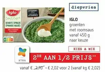 Spar Colruyt Iglo groenten met roomsaus aanbieding