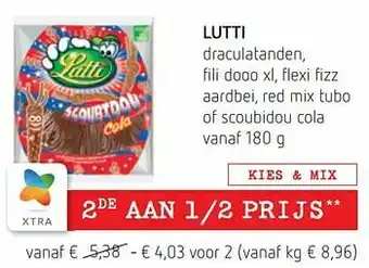 Lutti draculatanden, fili dooo xl, flexi fizz aardbei, red mix tubo of scoubidou cola