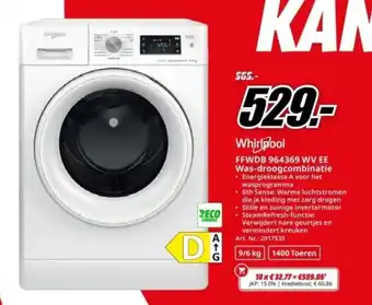 MediaMarkt Whirlpool Was-droogcombinatie FFWDB 964369 WV EE aanbieding