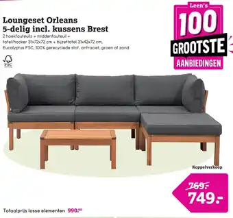 Leen Bakker Loungeset Orleans Brest - FSC-hout - donkergijze kussens - 5-delig aanbieding