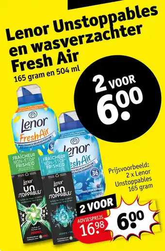 Kruidvat Lenor Unstoppables en wasverzachter Fresh Air 165 gram en 504 ml 2 voor aanbieding