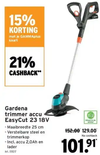 GAMMA Gardena trimmer accu EasyCut 23 18V aanbieding