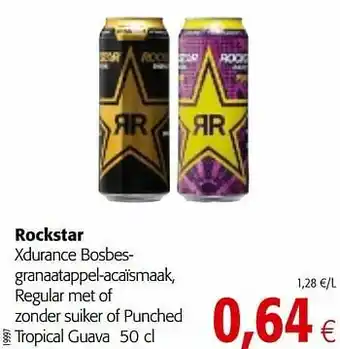 Colruyt Rockstar xdurance bosbesgranaatappel-acaïsmaak, regular met of zonder suiker of punched tropical guava aanbieding