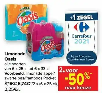 Carrefour Oasis limonade appel- zwarte bes-framboos pocket aanbieding
