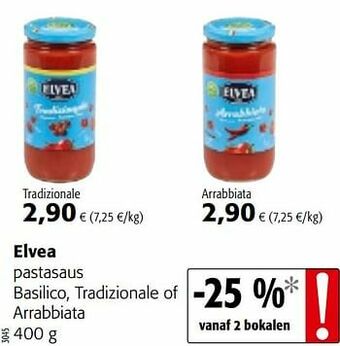 Colruyt Elvea pastasaus basilico, tradizionale of arrabbiata aanbieding