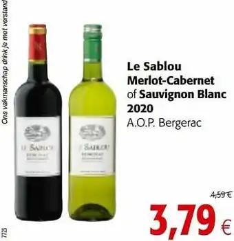 Colruyt Le sablou merlot-cabernet of sauvignon blanc 2020 a.o.p. bergerac aanbieding