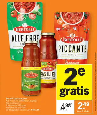Albert Heijn Bertolli Pastasauzen Voor 2 stuks aanbieding
