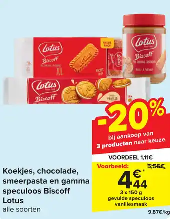 Carrefour Lotus Koekjes, chocolade, smeerpasta en gamma speculoos Biscoff 3 x 150g aanbieding