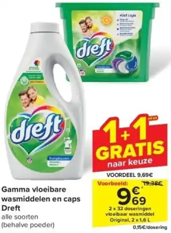 Carrefour Gamma vloeibare wasmiddelen en caps Dreft aanbieding