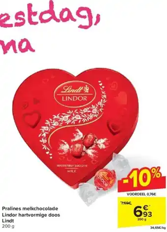 Carrefour Pralines melkchocolade Lindor hartvormige doos Lindt 200 g aanbieding