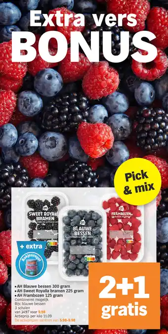 Albert Heijn Blauwe bessen 300 gram / Sweet Royalla bramen 225 gram / Frambozen 125 gram aanbieding