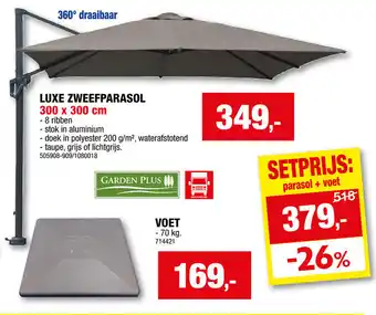 Hubo LUXE ZWEEFPARASOL + VOET aanbieding