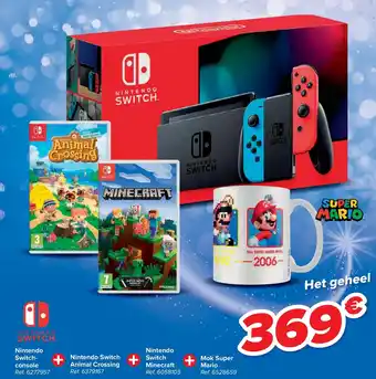 Carrefour Nintendo Switch console + Nintendo Switch Animal Crossing + Nintendo Switch Minecraft + Mok Super Mario aanbieding