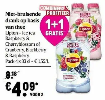 Niet-bruisende drank op basis van thee lipton - ice tea raspberry + cherryblossom of cranberry blackberry + raspberry