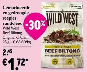 Delhaize Gemarineerde en gedroogde reepjes rundvlees wild west beef biltong original of chilli aanbieding