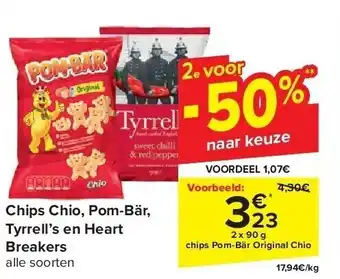 Carrefour Chips Chio, Pom-Bär, Tyrrell’s en Heart Breakers aanbieding