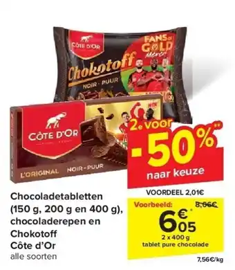 Carrefour Chocoladetabletten (150 g, 200 g en 400 g), chocoladerepen en Chokoto Côte d’Or aanbieding