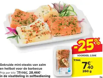 Carrefour Gekruide mini-steaks van zalm en heilbot voor de barbecue 260g aanbieding