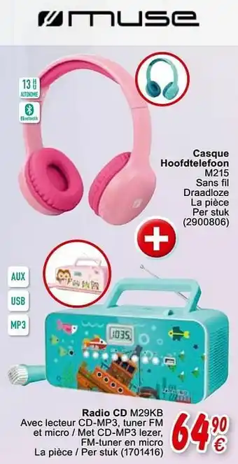 Cora Muse casque hoofdtelefoon m215 + radio cd m29kb aanbieding