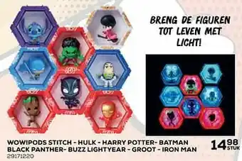 Supra Bazar Wow!pods stitch - hulk - harry potter- batman black panther- buzz lightyear - groot - iron man aanbieding