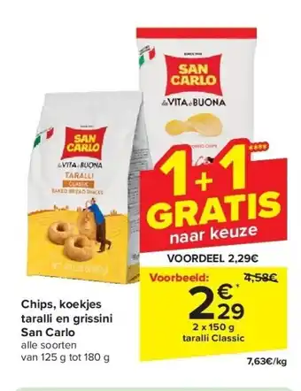 Carrefour Chips, koekjes taralli en grissini San Carlo aanbieding