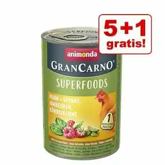 Zooplus 5 + 1 gratis! 6 x 400 g Animonda GranCarno Adult Superfoods - Kalkoen + Snijbiet, Rozenbottel, Lijnzaadolie aanbieding