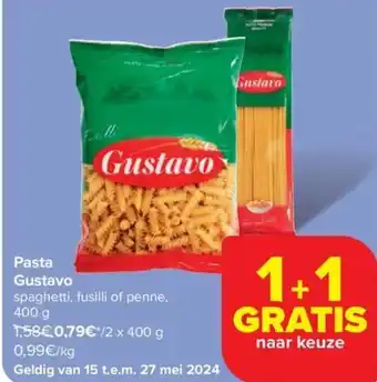 Carrefour Gustavo Pasta spaghetti, fusilli of penne, 400g aanbieding