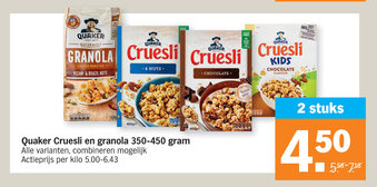 Albert Heijn Quaker Cruesli en granola 350-450 gram aanbieding